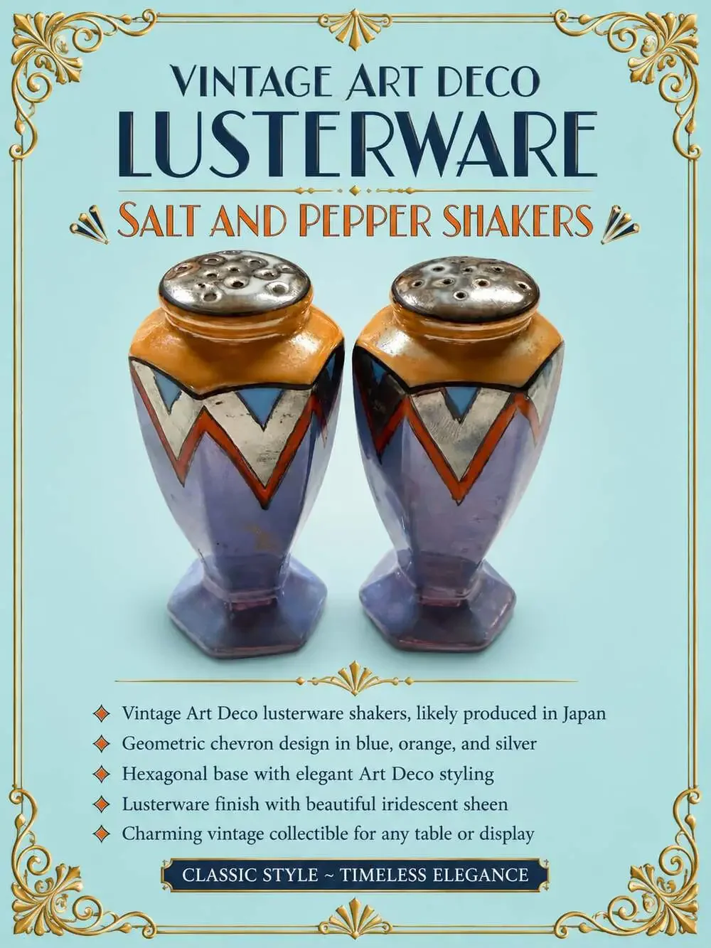 Vintage Art Deco Lusterware Salt and Pepper Shakers with Geometric Chevron Desig